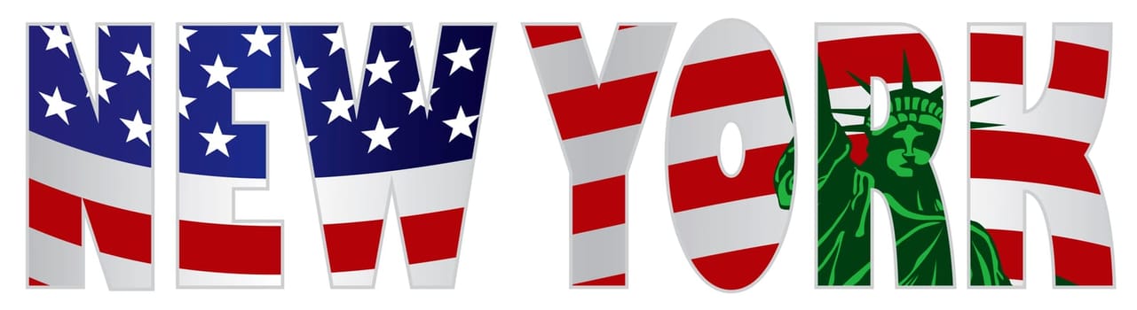 New York Text Silhouette with Statue of Liberty and US American Flag Background Inside Outline Color Illustration