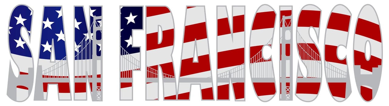 San Francisco California Text Outline Silhouette with Golden Gate Bridge with US American Flag Background Illustration