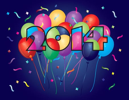 Colorful Balloons in 2014 Numeral Silhouette Outline with Confetti Illustration
