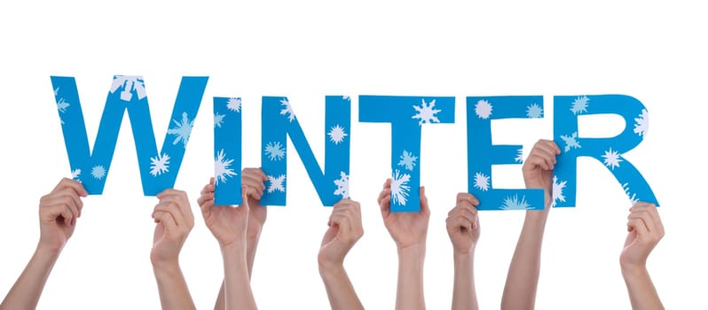 Many Hands Holding the Winterly Word Winter with Snowflakes, Isolated