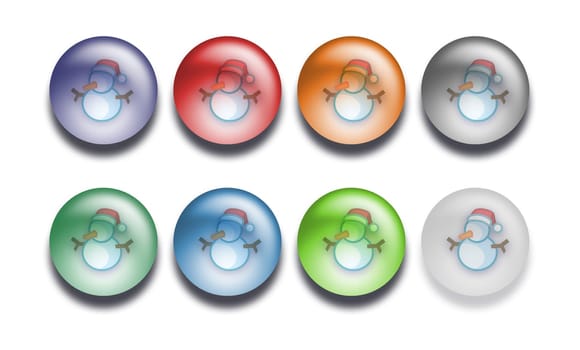 Six glass symbols of different colors on a white background.