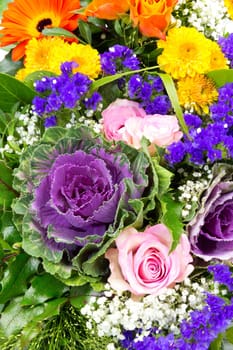 Floral decoration of roses,statice,veil herb,chrysanthemums,and marigolds