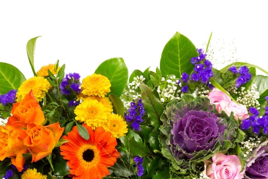 Floral decoration of roses,statice,veil herb,chrysanthemums,and marigolds