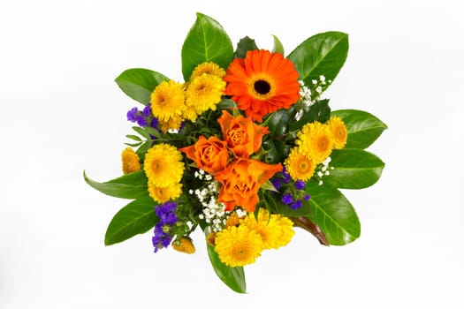 A bouquet of roses,statice,veil herb,chrysanthemums and marigolds,top view