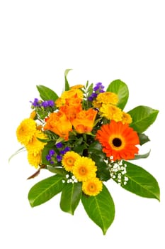 A bouquet of roses,statice,veil herb,chrysanthemums and marigolds