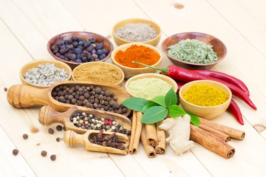 Variety of spices on wooden background