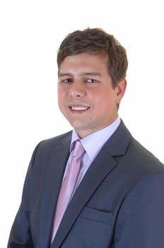 A closeup portrait picture of a young handsome businessman in a blue.gray suit with tie for white background..