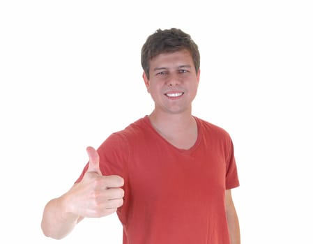 A young man in a burgundy t-shirt standing for white background showing.with one hand thumps up..