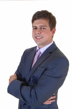 A profile picture of a young business man with her arms grossed in front.for white background..
