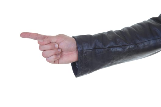 An arm of a man in a brown leather jacket pointing with his finger,.for white background..