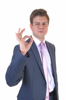 A young businessman sign that he has done an excellent work, for.white background..
