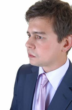 A profile picture of a young businessman in a blue suit in closeup for.white background..