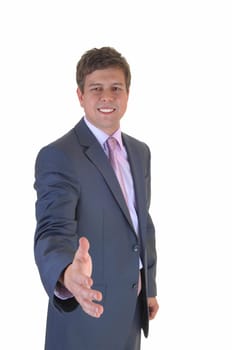 A young businessmen stretching his hand out to great a person, for.white background..