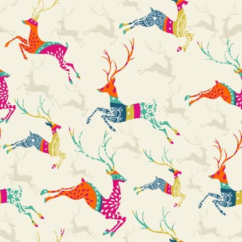 Christmas decorations vintage elements reindeer seamless pattern postcard background. Vector file organized in layers for easy editing.