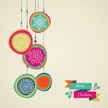 Christmas decorations ornaments on circle bauble shape postcard background. Vector file organized in layers for easy editing.