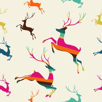 Christmas decorations elements striped reindeer seamless pattern postcard background. Vector file organized in layers for easy editing.
