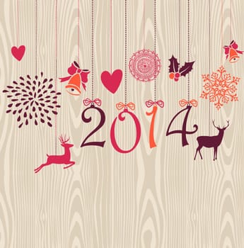 Christmas decorations ornaments bauble shape 2014 new year wooden postcard seamless pattern background. Vector file organized in layers for easy editing.