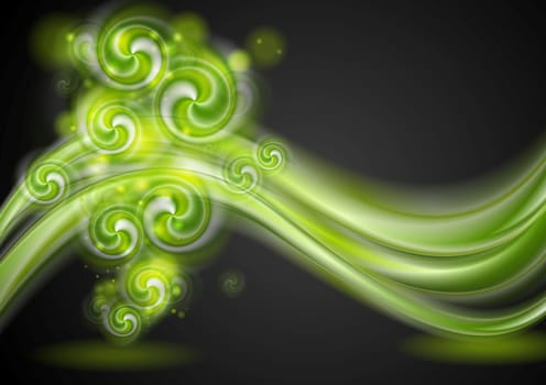 Bright green waves and swirl elements on the dark background. Vector design eps 10