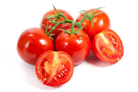 Closeup of tomatoes on the vine isolated on white. Tomato branch
