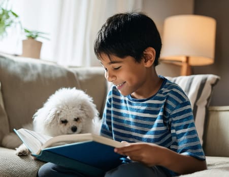 Smiling boy reading book with Bichon Frise on cozy sofa.