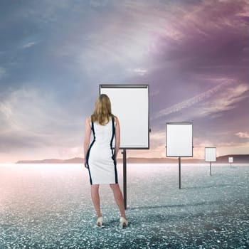 young woman in front of clipboards in solitude is faced with decision