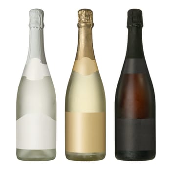 Three merged photographs of different champagne or sparkling wine bottles with blank labels.  Separate clipping paths for bottles included..