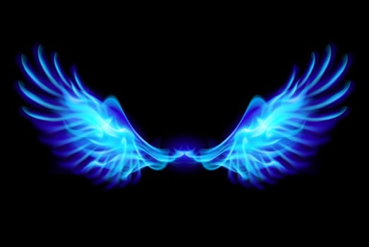 Illustration of blue fire wings on balck background.
