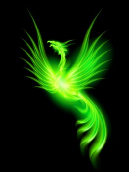 Illustration of green fire Phoenix on black background.