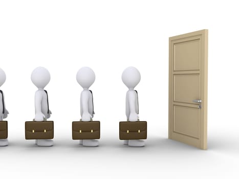 3d businessmen wait in line in front of a closed door