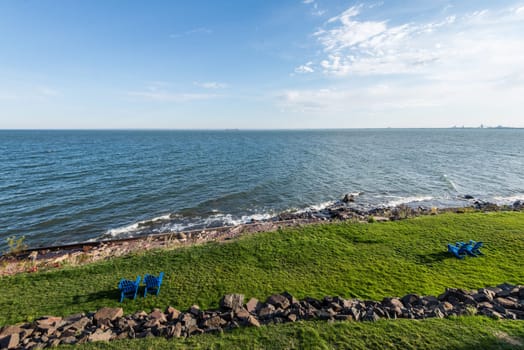 Rocky shore of Lake Superior during sunny day