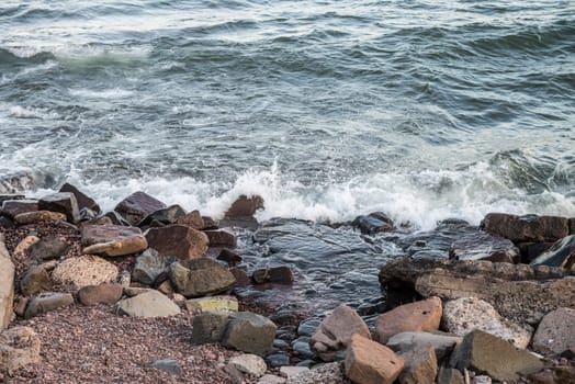 Waves hitting the rocky shore of Lake Superior