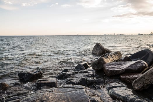 Waves hitting the rocky shore of Lake Superior