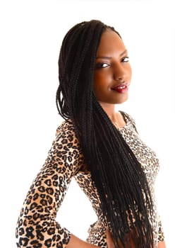 A portrait picture on a lovely young black woman with long braid hair.standing for white background..