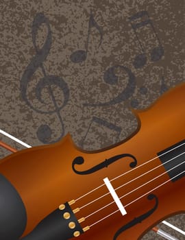 Violin and Bow Closeup with Musical Notes Textured Background Illustration