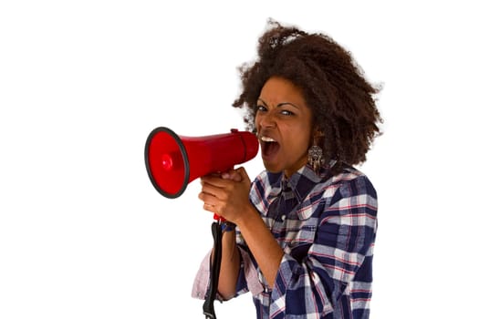 Young woman screams in megaphone detached on white background