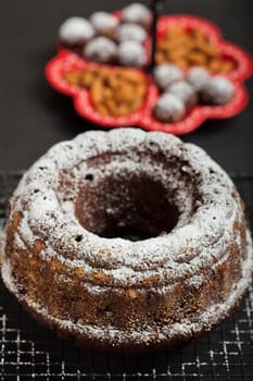 Dry chocolate cake sprinkled with icing sugar resting on metal grill with tray of chocolate balls and almonds in background
