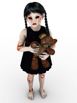 An evil gothic looking, blood covered small girl holding a teddybear. White background.