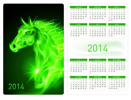 Calendar 2014 with beautiful green fire horse image.