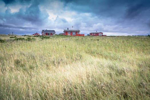 Scandinavian summer cabins in stormy weather
