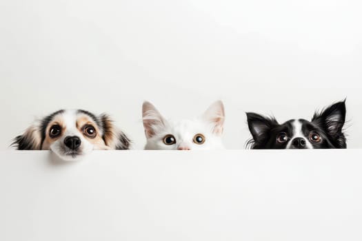 Curious group of french bulldogs peeking over isolated white surface banner..