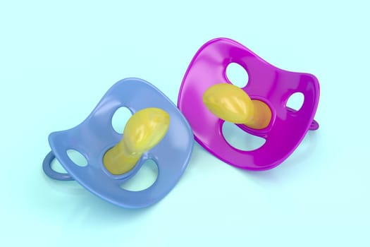 Blue and purple pacifiers, 3d rendered image