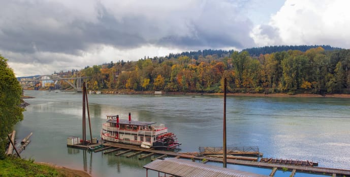 Historic Sternwheeler Docked Along Willamette River in Oregon City in Fall Season Panorama