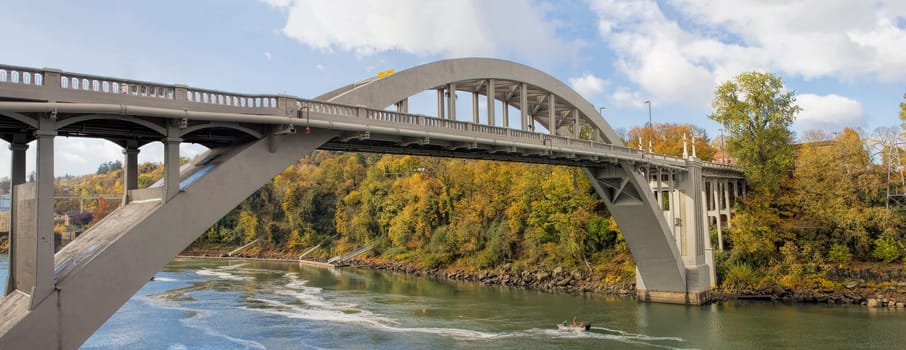 Oregon City Arch Bridge Over Willamette River Connecting West Linn and Oregon City Autumn Scene Panorama