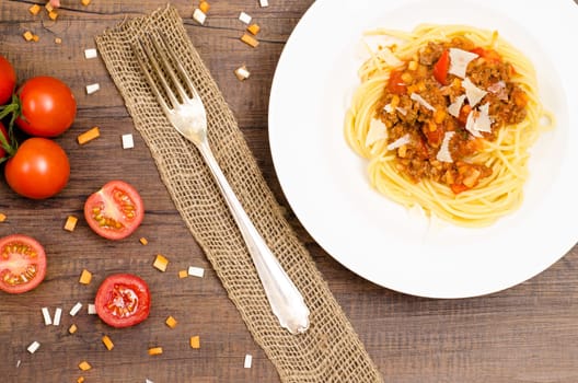Pasta Spaghetti with Bolognese sauce and Parmesan cheese