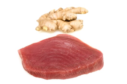 Tuna raw with ginger on white background