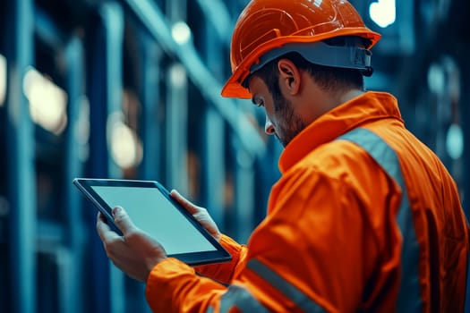 Manager in warehouse holding digital tablet. generative ai.