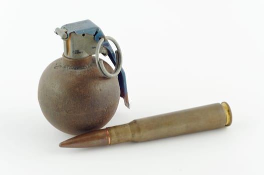 Round grenade with a horizontal cartridge insulated on white