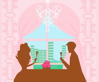 Young couple flirt and drink champagne - invitation card