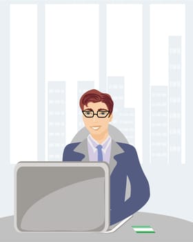 Young businessman with credit card on his laptop