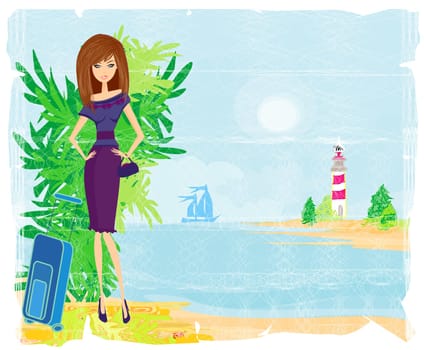 Grunge banner with palm trees and travel girl